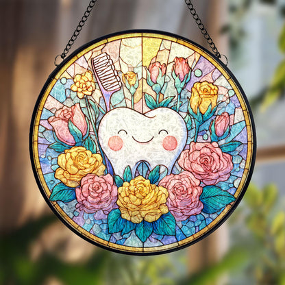 Smiling Tooth With Flowers Stained Glass Suncatcher, Colorful Dental Art Window Hanging, Cute Sun Catcher Decor, Dentist Gift