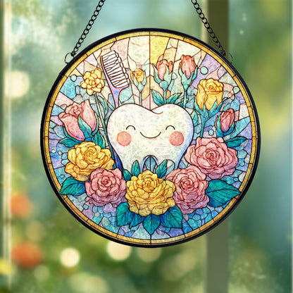 Smiling Tooth With Flowers Stained Glass Suncatcher, Colorful Dental Art Window Hanging, Cute Sun Catcher Decor, Dentist Gift