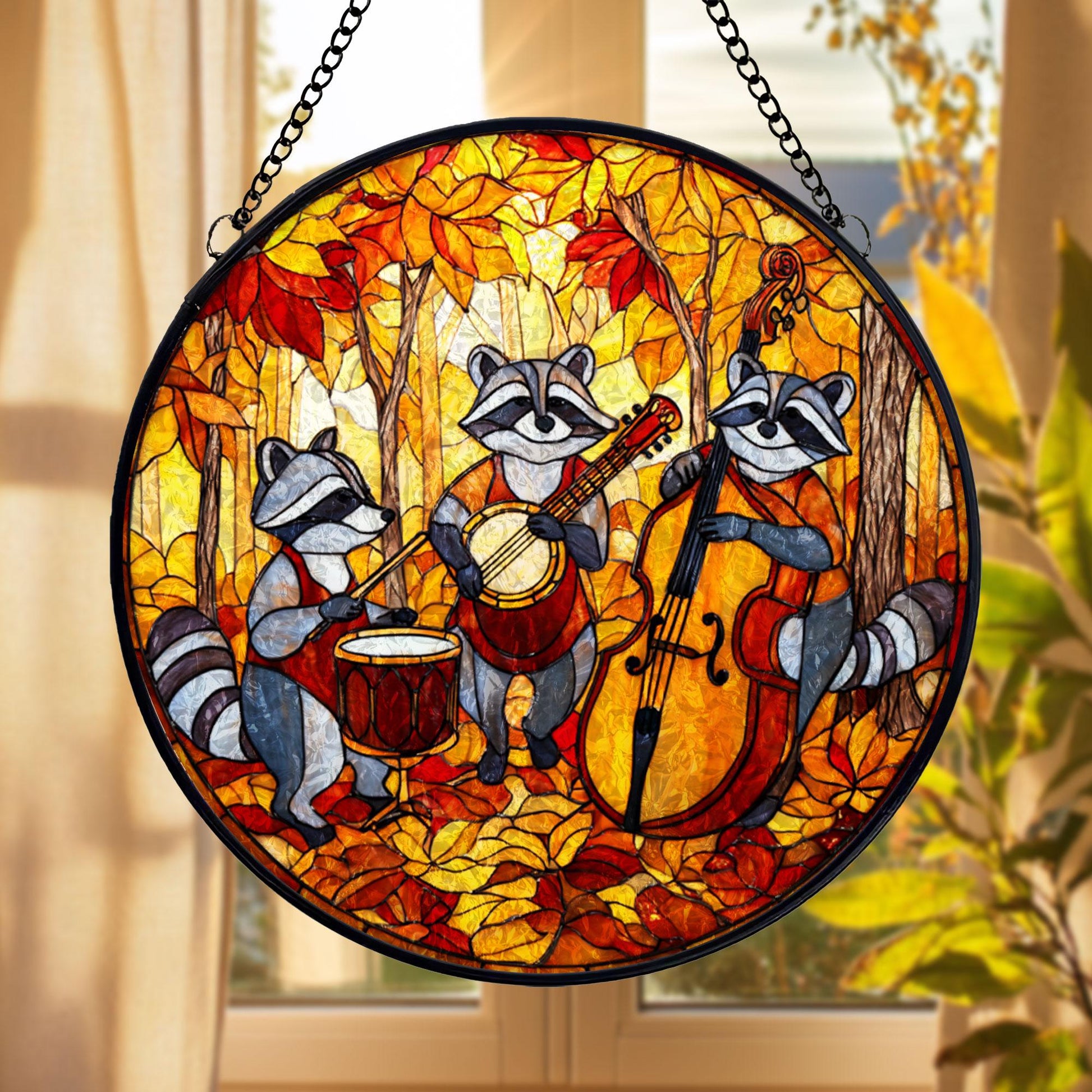 Raccoon Band Stained Glass Suncatcher, Autumn Forest Music Scene, Cute Animal Window Hanging, Fall Home Decor, Unique Gift
