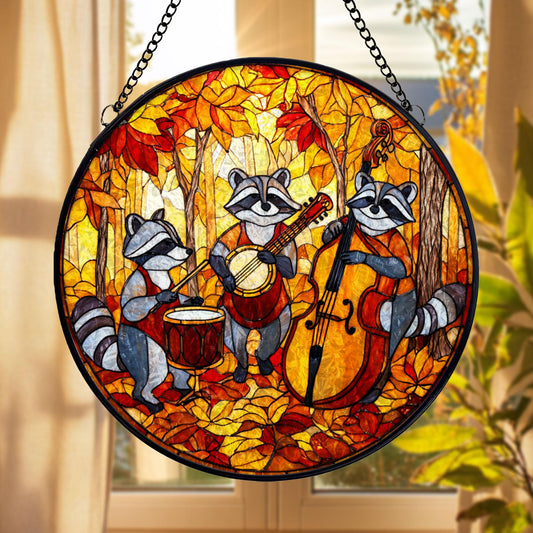Raccoon Band Stained Glass Suncatcher, Autumn Forest Music Scene, Cute Animal Window Hanging, Fall Home Decor, Unique Gift