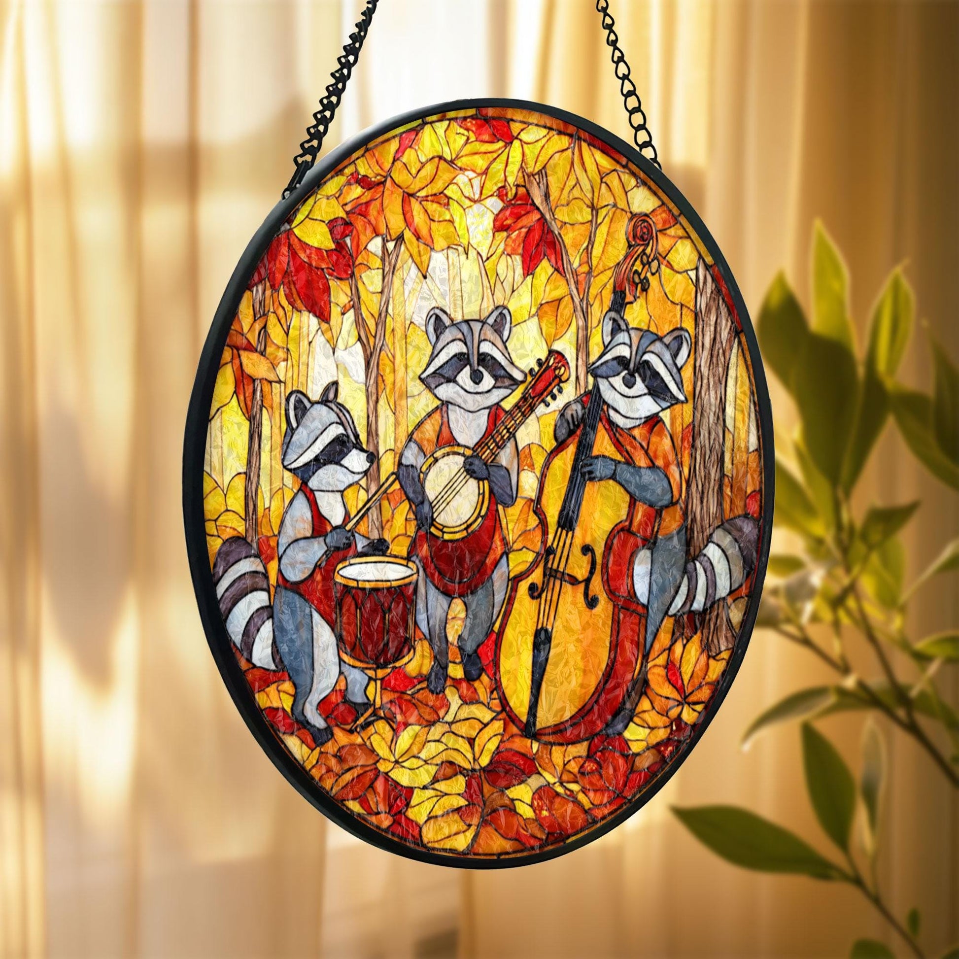 Raccoon Band Stained Glass Suncatcher, Autumn Forest Music Scene, Cute Animal Window Hanging, Fall Home Decor, Unique Gift