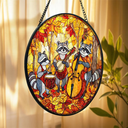 Raccoon Band Stained Glass Suncatcher, Autumn Forest Music Scene, Cute Animal Window Hanging, Fall Home Decor, Unique Gift