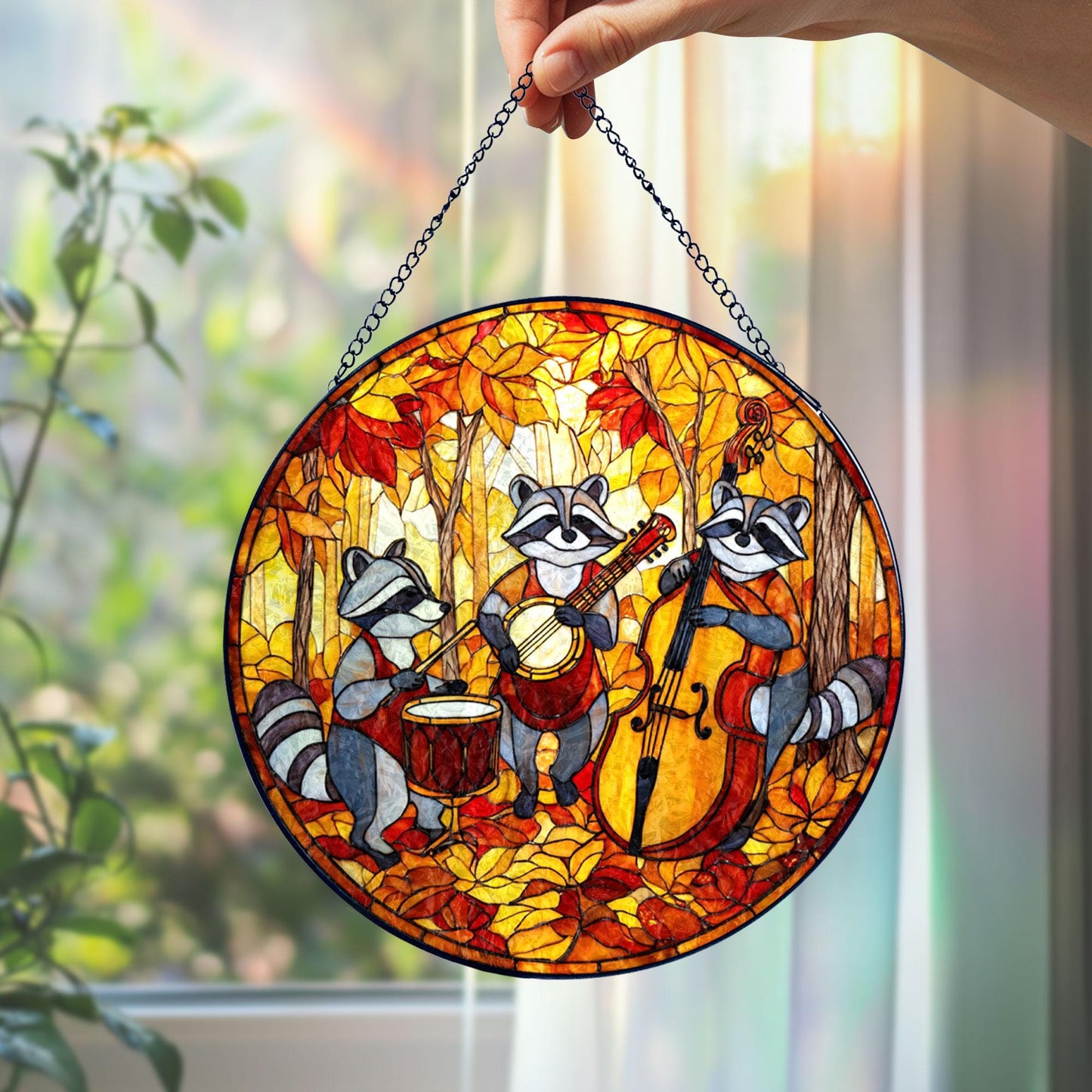 Raccoon Band Stained Glass Suncatcher, Autumn Forest Music Scene, Cute Animal Window Hanging, Fall Home Decor, Unique Gift