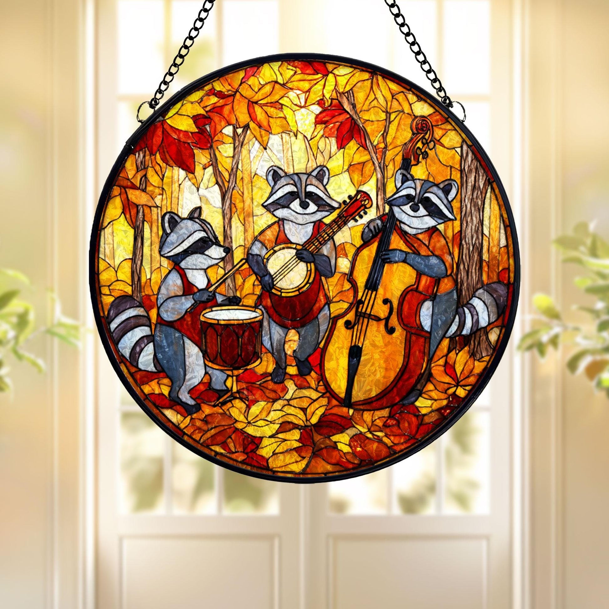 Raccoon Band Stained Glass Suncatcher, Autumn Forest Music Scene, Cute Animal Window Hanging, Fall Home Decor, Unique Gift
