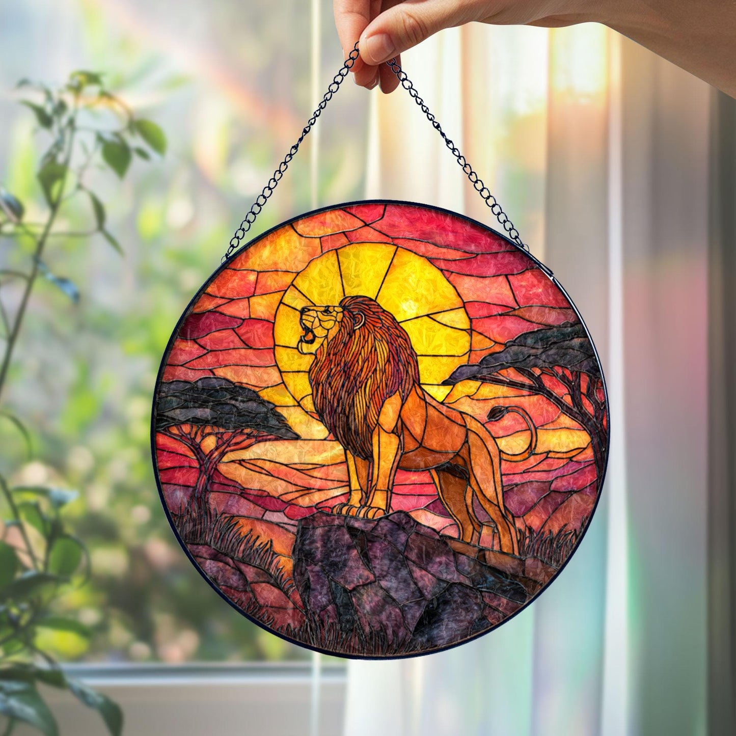 Lion Sunset Stained Glass Suncatcher, African Safari Window Hanging, Wildlife Art Decor, Bold Nature Design, Unique Gift for Animal Lovers