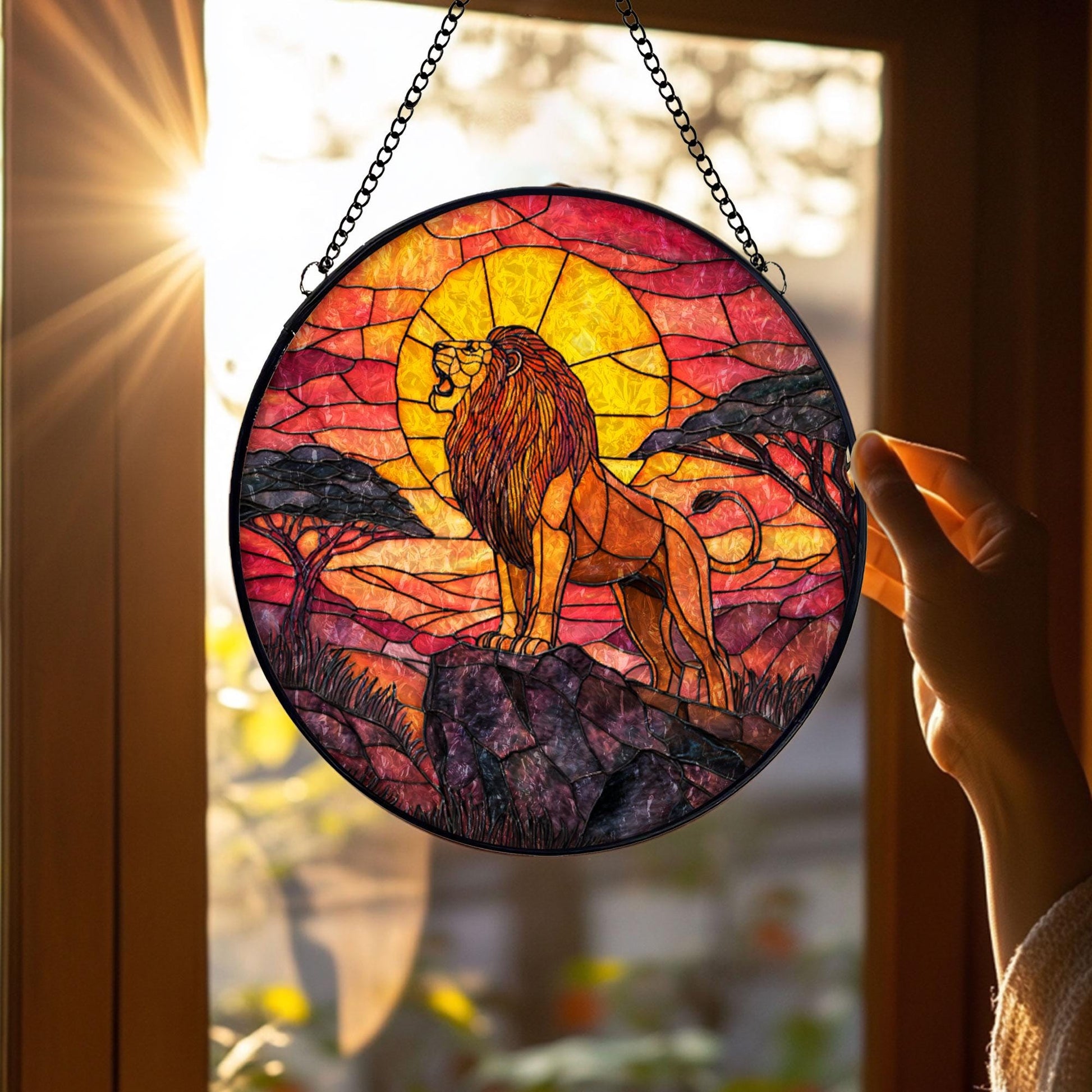 Lion Sunset Stained Glass Suncatcher, African Safari Window Hanging, Wildlife Art Decor, Bold Nature Design, Unique Gift for Animal Lovers