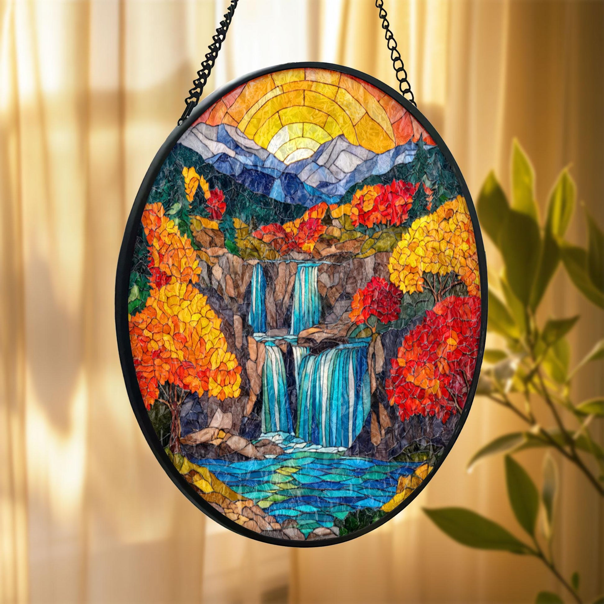 Autumn Waterfall Stained Glass Suncatcher, Mountain Landscape Window Hanging, Fall Nature Art Decor, Colorful Sun Catcher, Unique Gift