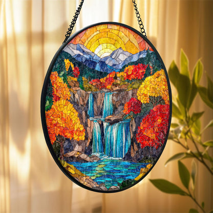 Autumn Waterfall Stained Glass Suncatcher, Mountain Landscape Window Hanging, Fall Nature Art Decor, Colorful Sun Catcher, Unique Gift
