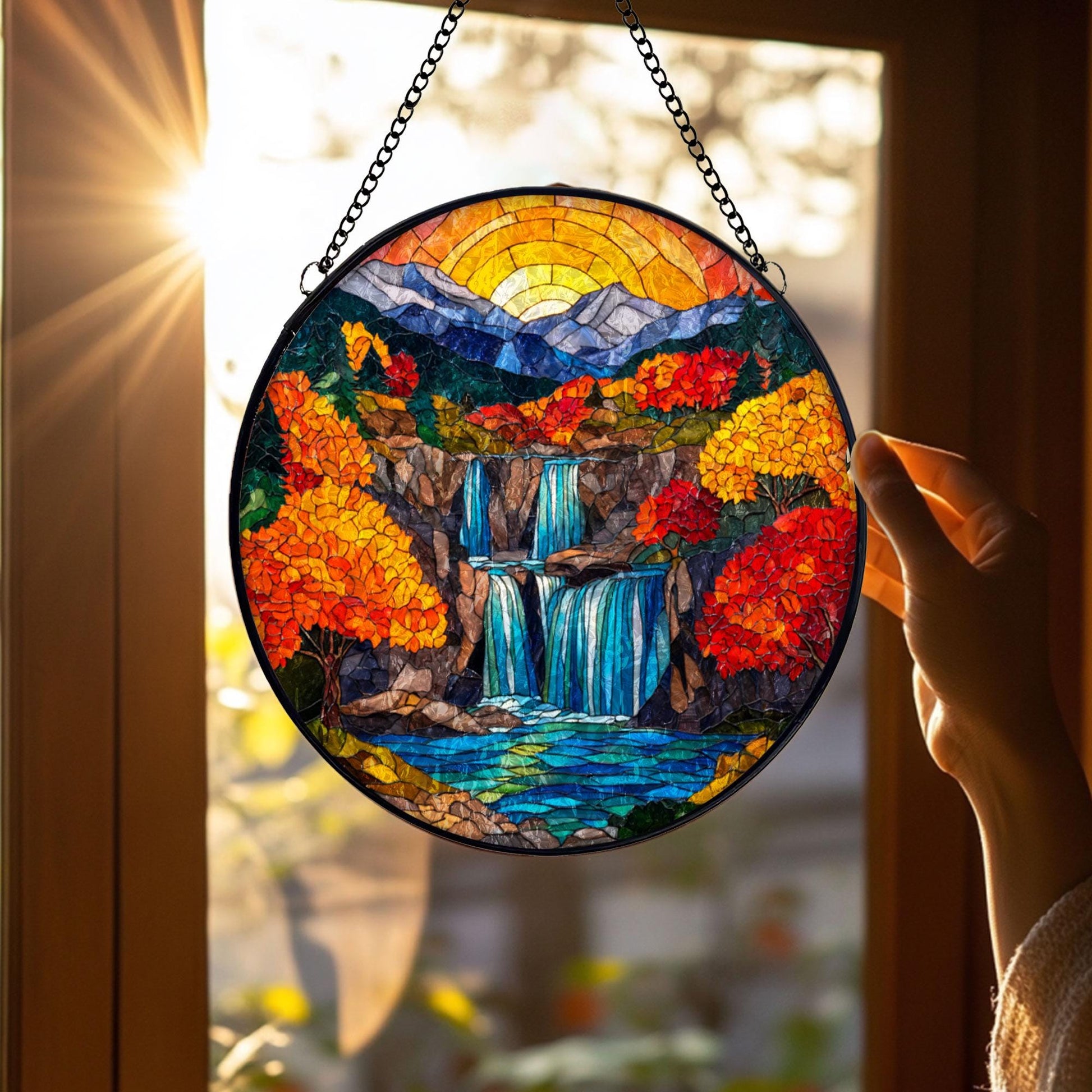 Autumn Waterfall Stained Glass Suncatcher, Mountain Landscape Window Hanging, Fall Nature Art Decor, Colorful Sun Catcher, Unique Gift