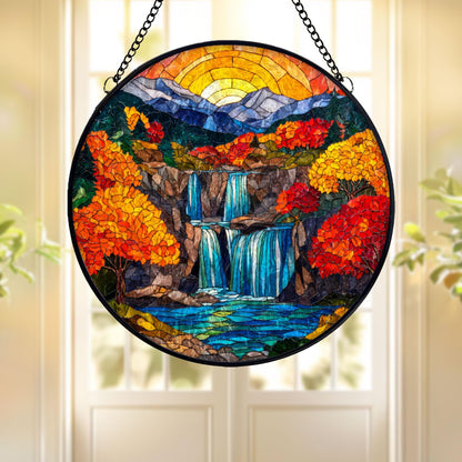 Autumn Waterfall Stained Glass Suncatcher, Mountain Landscape Window Hanging, Fall Nature Art Decor, Colorful Sun Catcher, Unique Gift