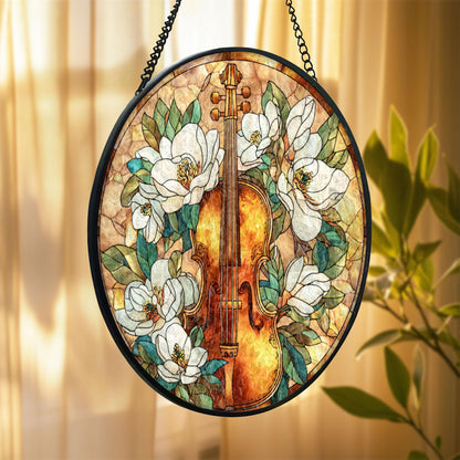 Violin Floral Stained Glass Suncatcher, White Magnolia Music Art, Elegant Window Hanging, Classical Instrument Decor, Gift for Music Lovers