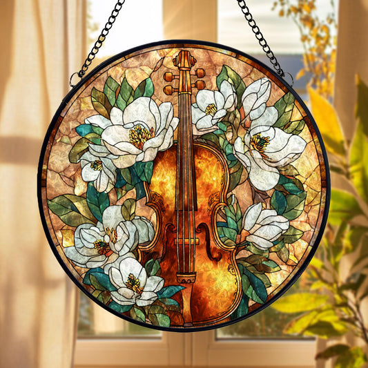 Violin Floral Stained Glass Suncatcher, White Magnolia Music Art, Elegant Window Hanging, Classical Instrument Decor, Gift for Music Lovers