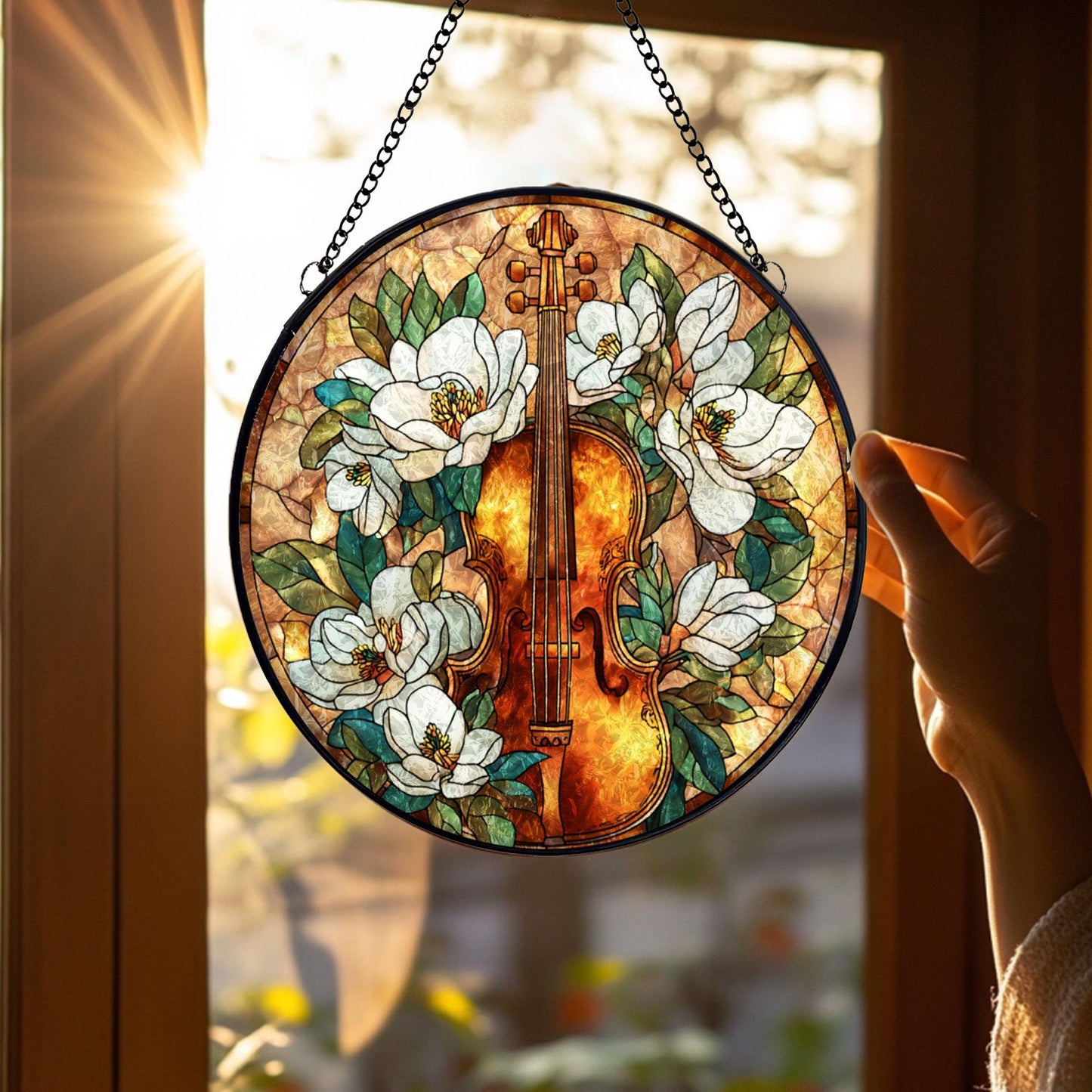 Violin Floral Stained Glass Suncatcher, White Magnolia Music Art, Elegant Window Hanging, Classical Instrument Decor, Gift for Music Lovers