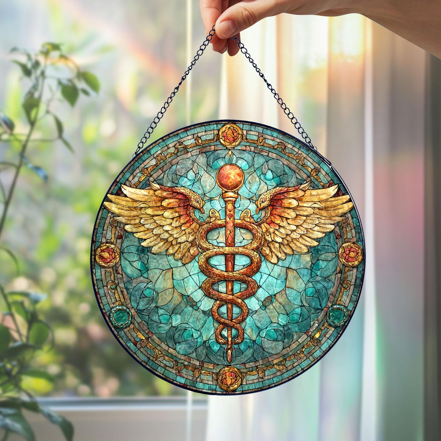 Caduceus Medical Stained Glass Suncatcher, Healing Symbol Window Hanging, Doctor Nurse Gift, Healthcare Art Decor, Pharmacy Symbol
