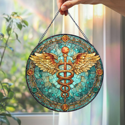 Caduceus Medical Stained Glass Suncatcher, Healing Symbol Window Hanging, Doctor Nurse Gift, Healthcare Art Decor, Pharmacy Symbol