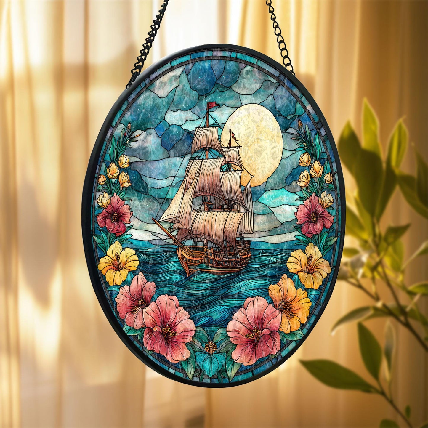 Sailing Ship Stained Glass Suncatcher, Moonlit Ocean Window Hanging, Nautical Floral Art Decor, Coastal Sun Catcher, Gift for Sea Lovers