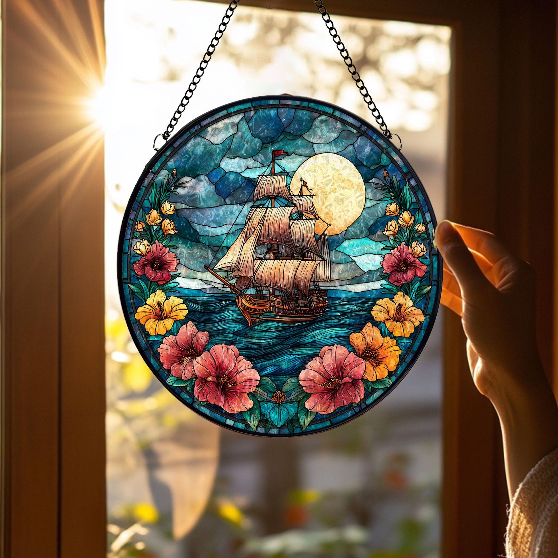 Sailing Ship Stained Glass Suncatcher, Moonlit Ocean Window Hanging, Nautical Floral Art Decor, Coastal Sun Catcher, Gift for Sea Lovers