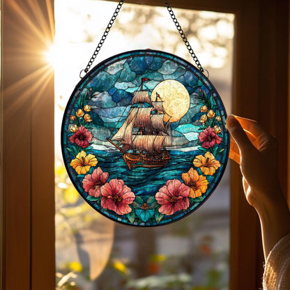 Sailing Ship Stained Glass Suncatcher, Moonlit Ocean Window Hanging, Nautical Floral Art Decor, Coastal Sun Catcher, Gift for Sea Lovers