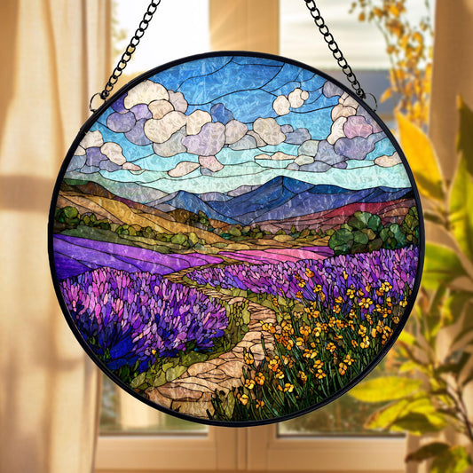 Lavender Field Stained Glass Suncatcher, Provence Landscape Window Hanging, Purple Floral Nature Art, Cottagecore Decor, Relaxing Gift