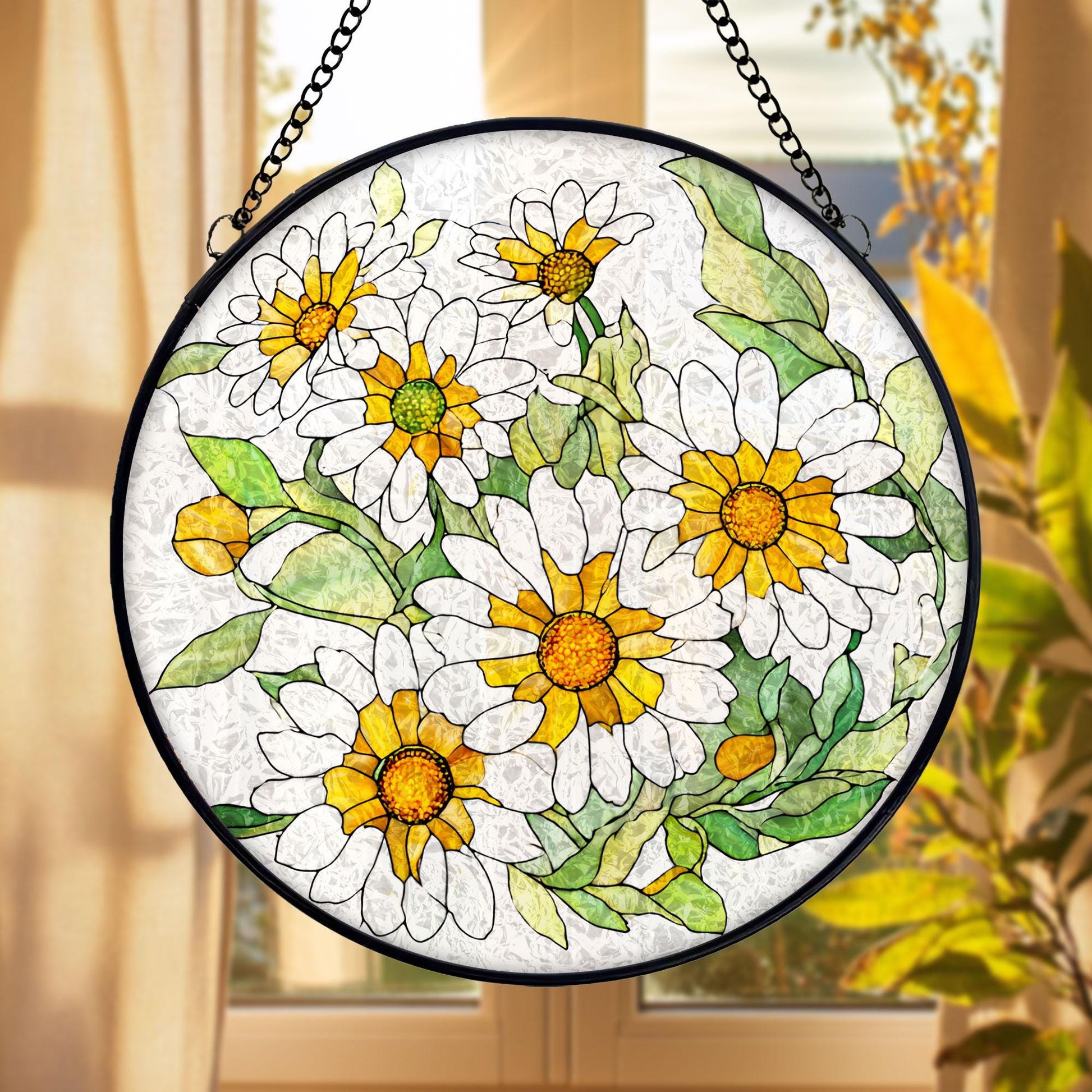 Daisy Flower Stained Glass Suncatcher, White Yellow Floral Window Hanging, Spring Nature Decor, Bright Sun Catcher, Gift for Flower Lovers