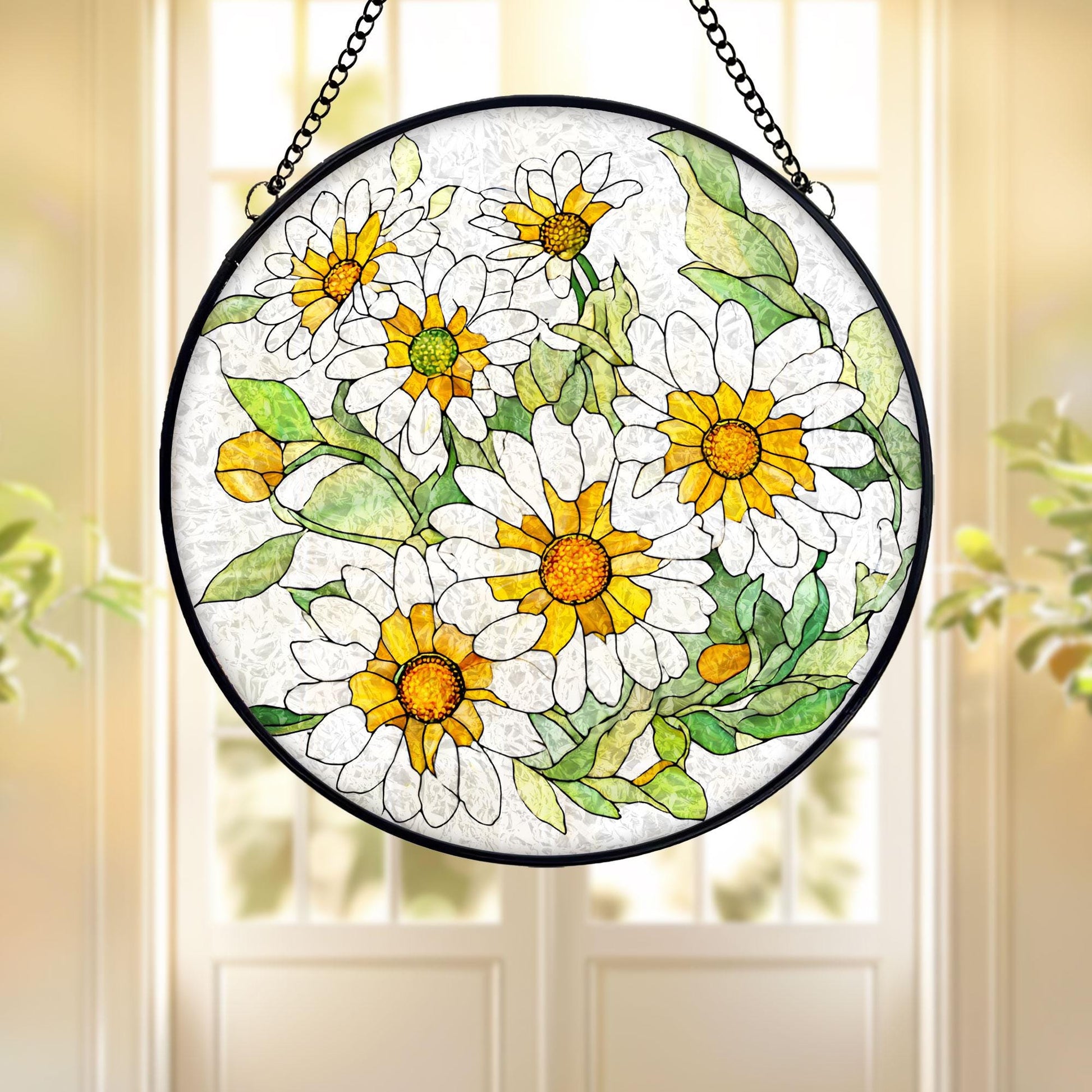 Daisy Flower Stained Glass Suncatcher, White Yellow Floral Window Hanging, Spring Nature Decor, Bright Sun Catcher, Gift for Flower Lovers