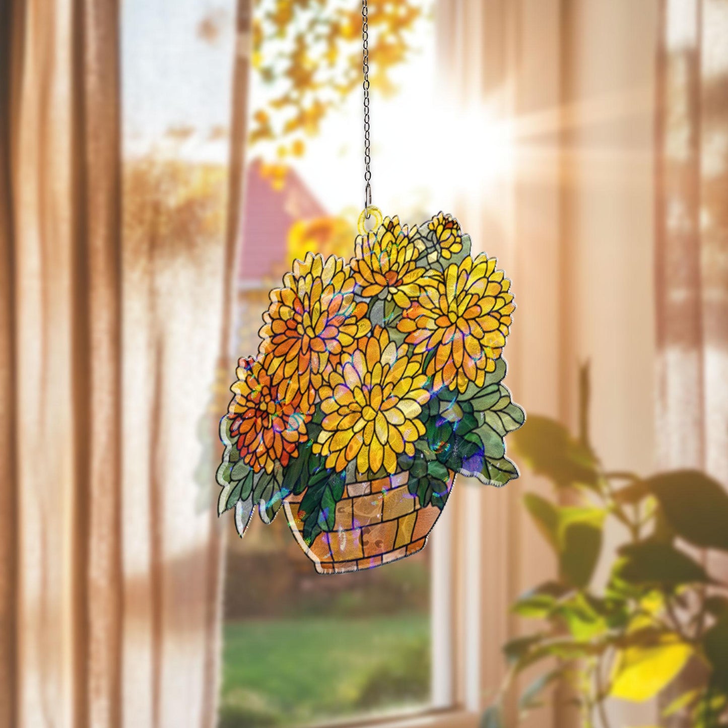 Yellow Chrysanthemum Acrylic Suncatcher, Floral Window Hanging, Stained Glass Style Flower Decor, Autumn Home Accent, Gift for Flower Lovers