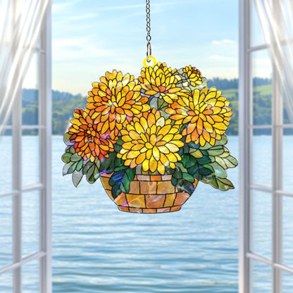Yellow Chrysanthemum Acrylic Suncatcher, Floral Window Hanging, Stained Glass Style Flower Decor, Autumn Home Accent, Gift for Flower Lovers