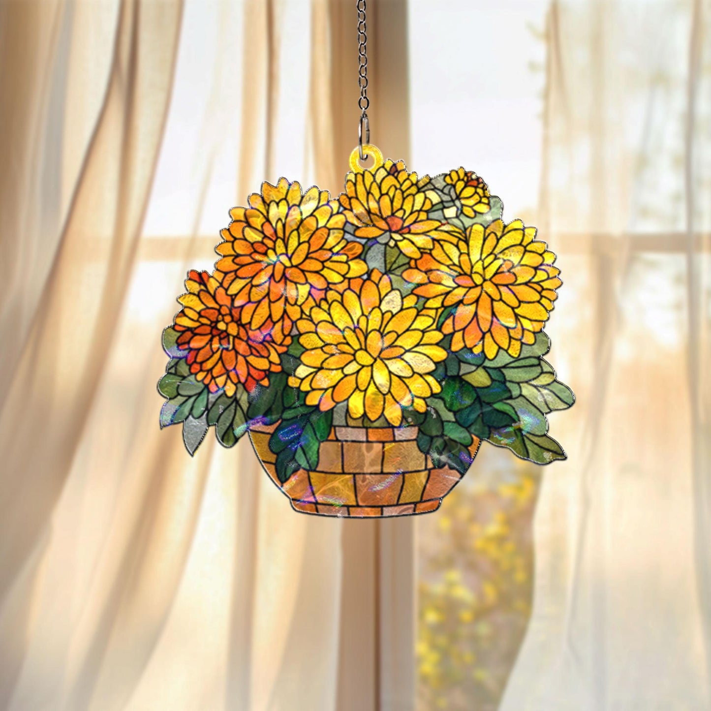 Yellow Chrysanthemum Acrylic Suncatcher, Floral Window Hanging, Stained Glass Style Flower Decor, Autumn Home Accent, Gift for Flower Lovers