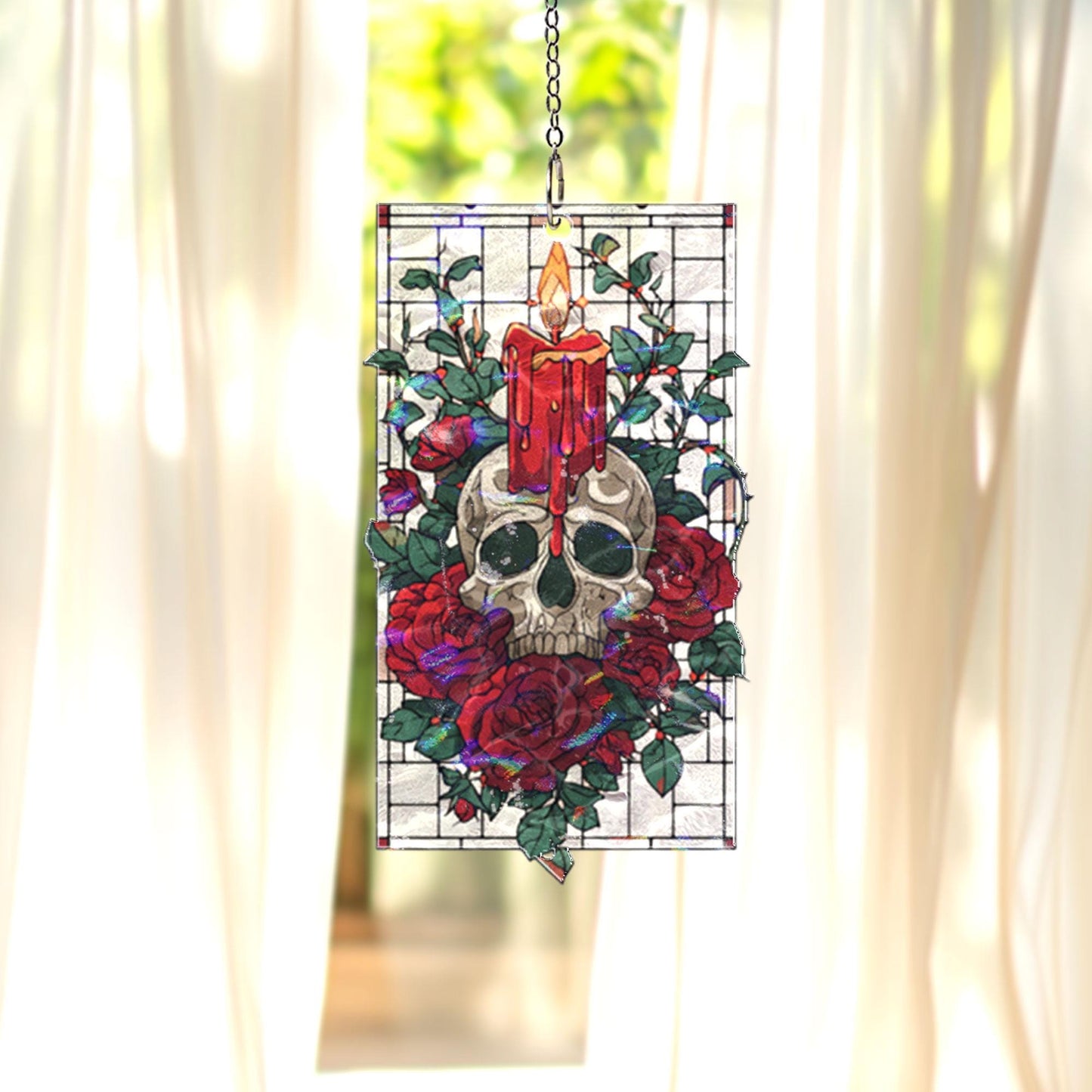 Gothic Skull Acrylic Suncatcher, Candle And Red Roses Window Hanging, Stained Glass Style Dark Art Decor, Unique Halloween Gift