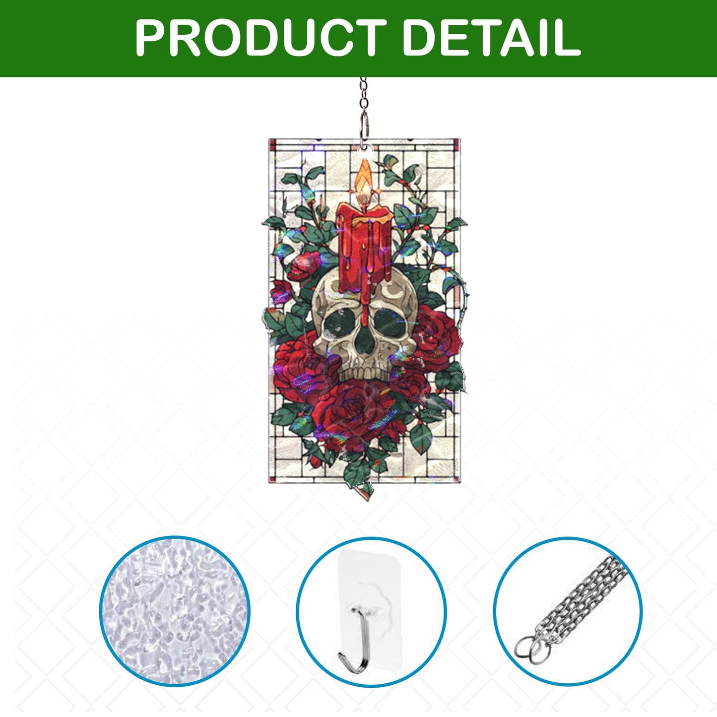 Gothic Skull Acrylic Suncatcher, Candle And Red Roses Window Hanging, Stained Glass Style Dark Art Decor, Unique Halloween Gift