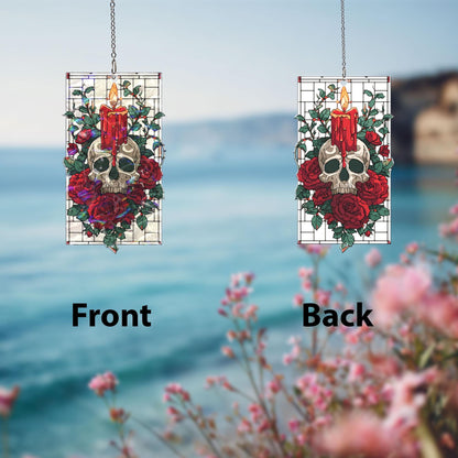 Gothic Skull Acrylic Suncatcher, Candle And Red Roses Window Hanging, Stained Glass Style Dark Art Decor, Unique Halloween Gift