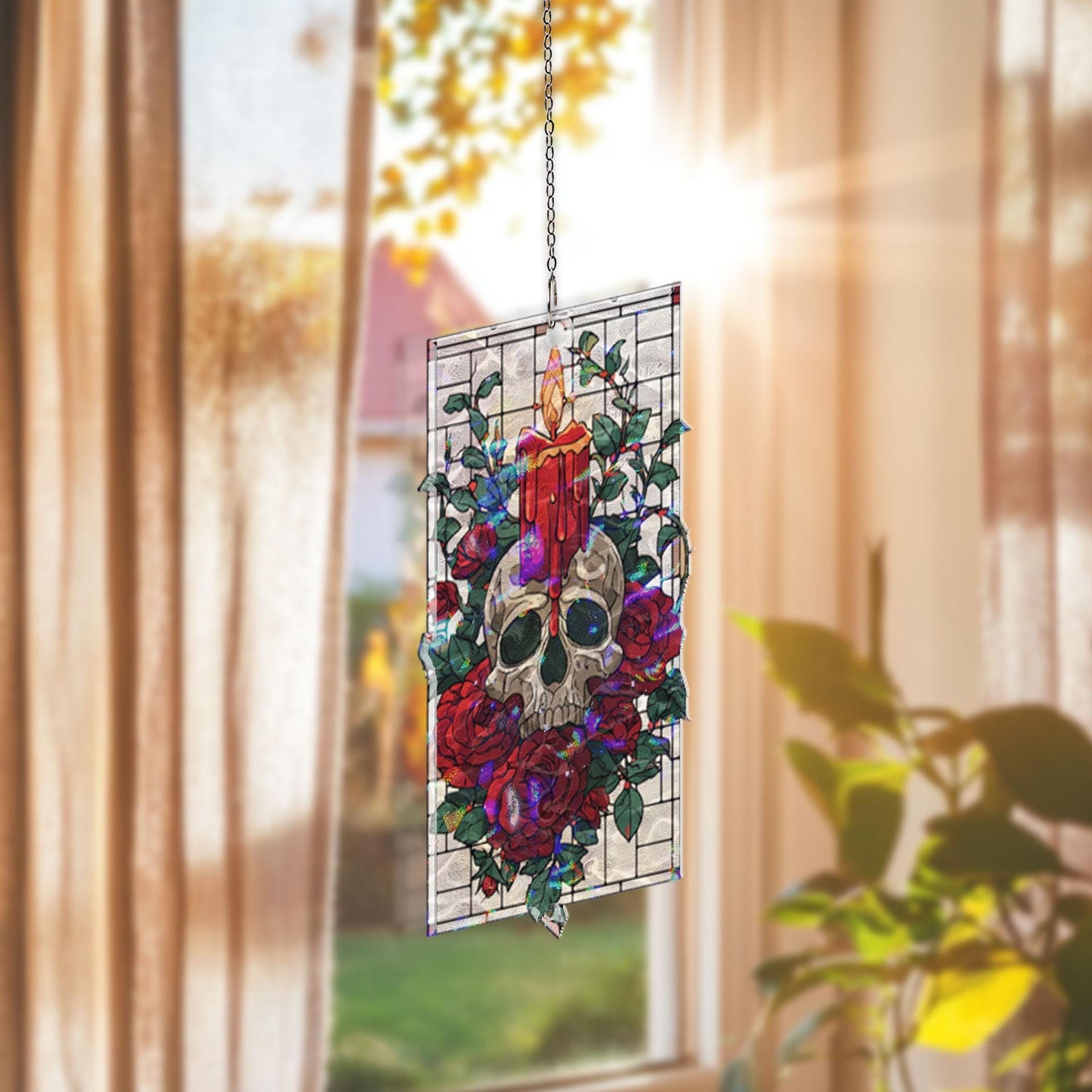 Gothic Skull Acrylic Suncatcher, Candle And Red Roses Window Hanging, Stained Glass Style Dark Art Decor, Unique Halloween Gift