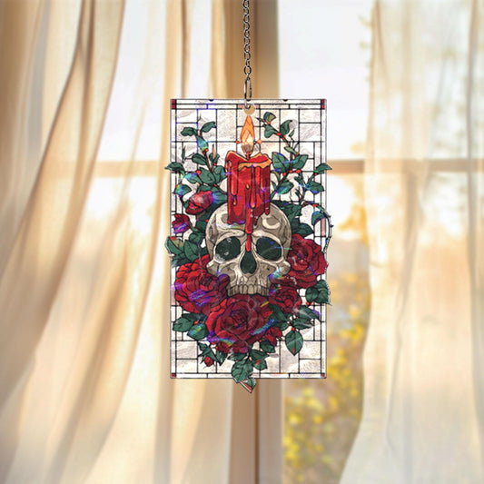 Gothic Skull Acrylic Suncatcher, Candle And Red Roses Window Hanging, Stained Glass Style Dark Art Decor, Unique Halloween Gift