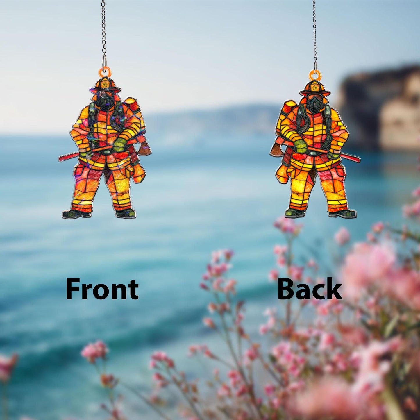 Firefighter Acrylic Suncatcher, Hero Window Hanging, Stained Glass Style Fireman Decor, First Responder Gift, Patriotic Home Accent