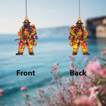Firefighter Acrylic Suncatcher, Hero Window Hanging, Stained Glass Style Fireman Decor, First Responder Gift, Patriotic Home Accent