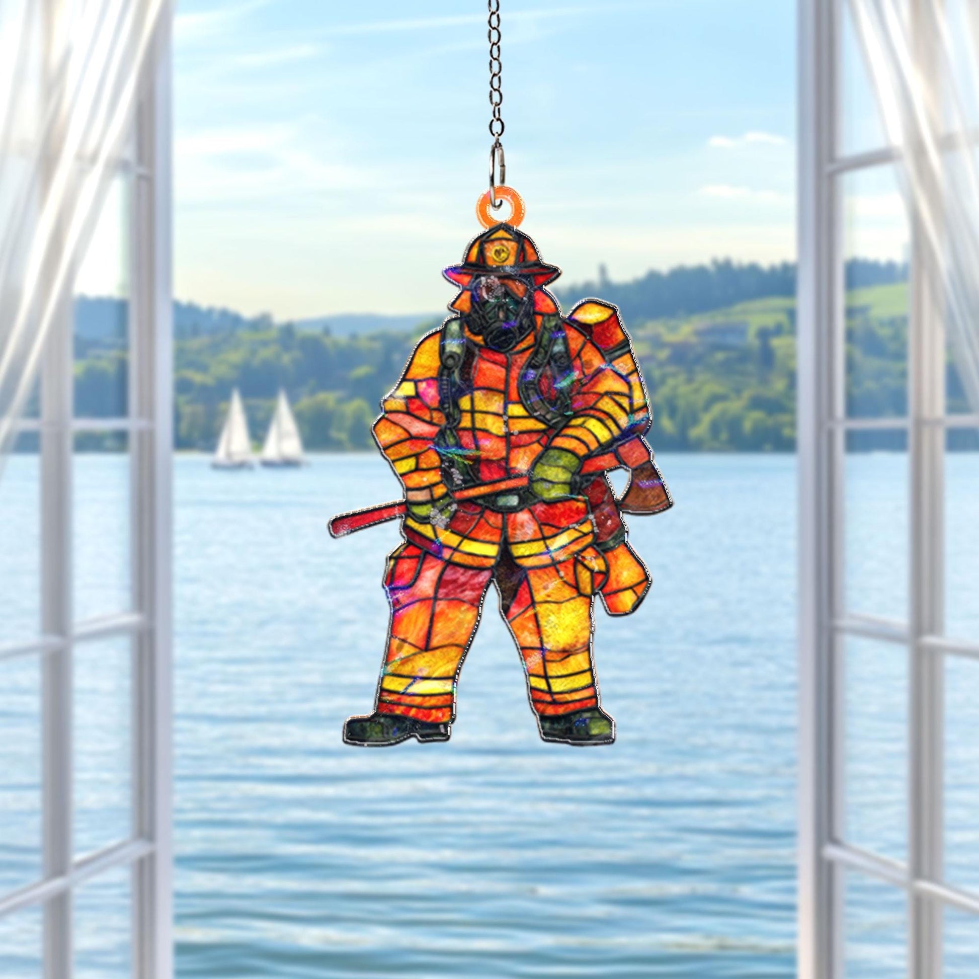 Firefighter Acrylic Suncatcher, Hero Window Hanging, Stained Glass Style Fireman Decor, First Responder Gift, Patriotic Home Accent