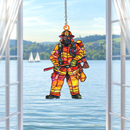 Firefighter Acrylic Suncatcher, Hero Window Hanging, Stained Glass Style Fireman Decor, First Responder Gift, Patriotic Home Accent