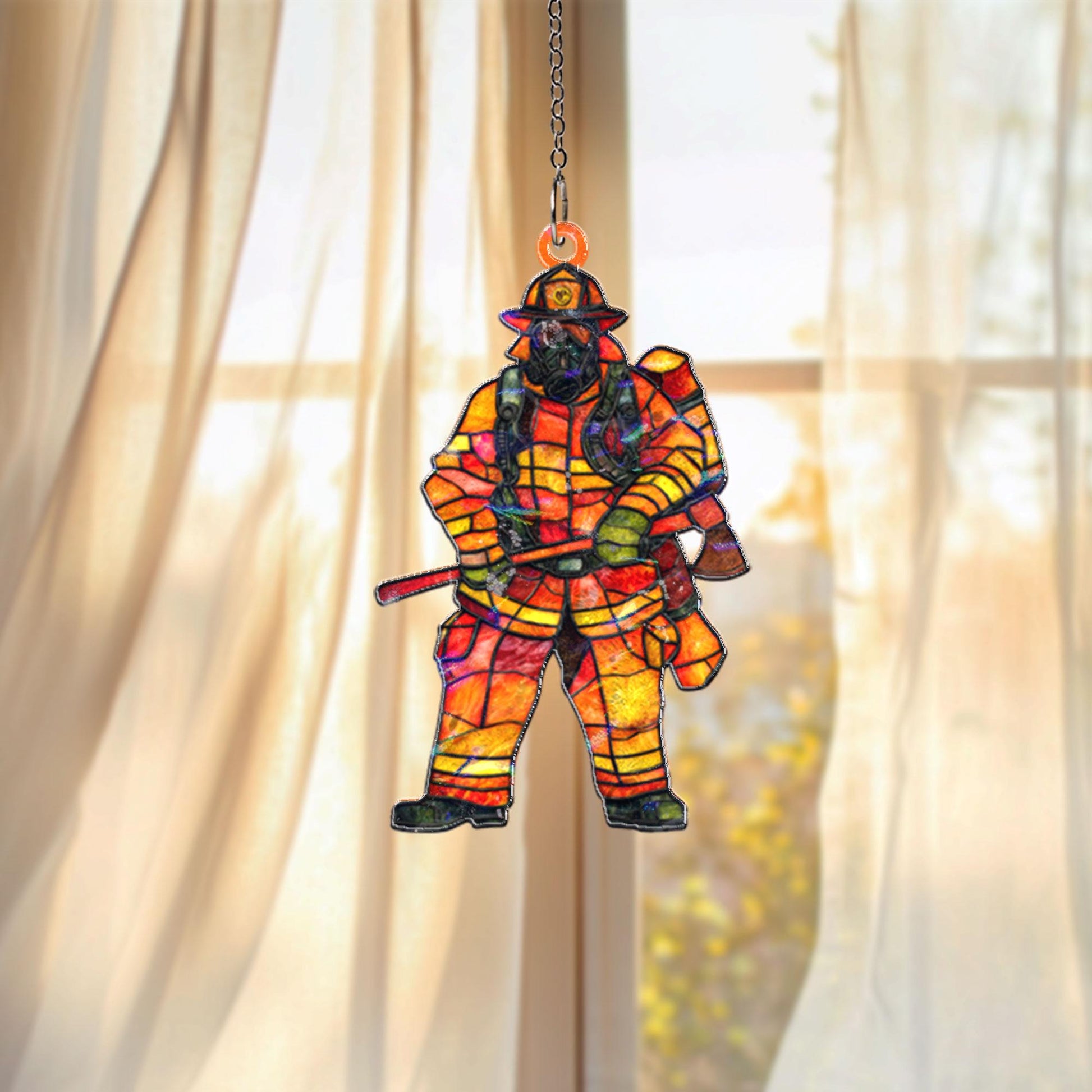 Firefighter Acrylic Suncatcher, Hero Window Hanging, Stained Glass Style Fireman Decor, First Responder Gift, Patriotic Home Accent