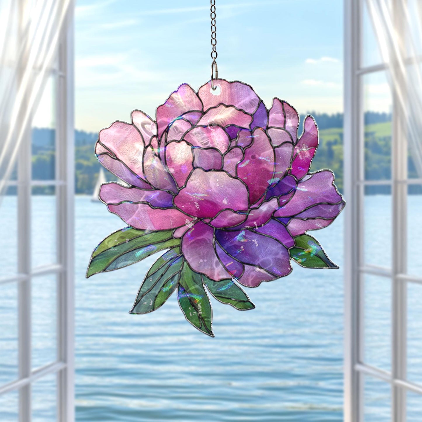 Purple Peony Acrylic Suncatcher, Floral Window Hanging, Stained Glass Style Sun Catcher, Botanical Home Decor Gift