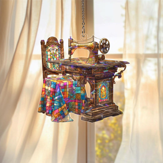 Vintage Sewing Machine Acrylic Suncatcher, Quilter Window Hanging, Stained Glass Style Sun Catcher, Craft Room Decor Gift
