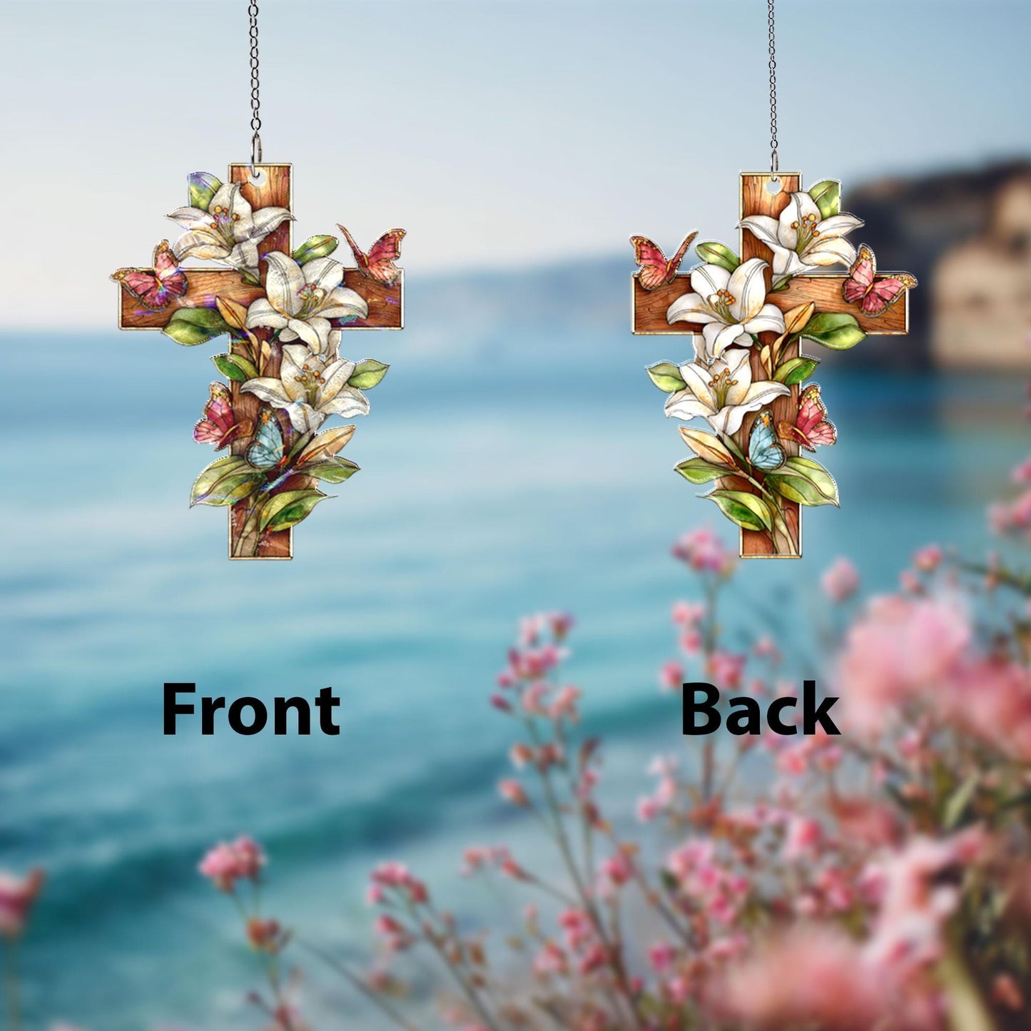 Floral Cross Acrylic Suncatcher, Christian Window Hanging, Lily Butterfly Stained Glass Style Sun Catcher, Religious Home Decor Gift