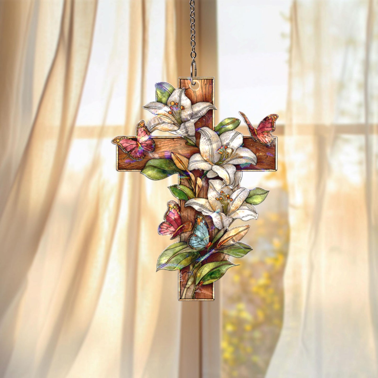 Floral Cross Acrylic Suncatcher, Christian Window Hanging, Lily Butterfly Stained Glass Style Sun Catcher, Religious Home Decor Gift