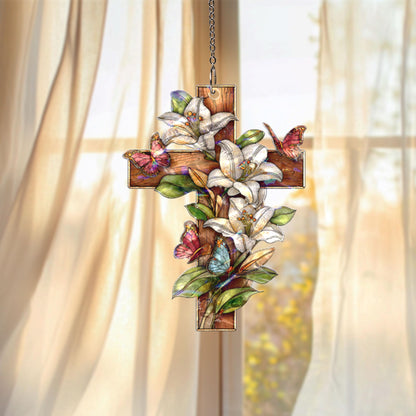 Floral Cross Acrylic Suncatcher, Christian Window Hanging, Lily Butterfly Stained Glass Style Sun Catcher, Religious Home Decor Gift