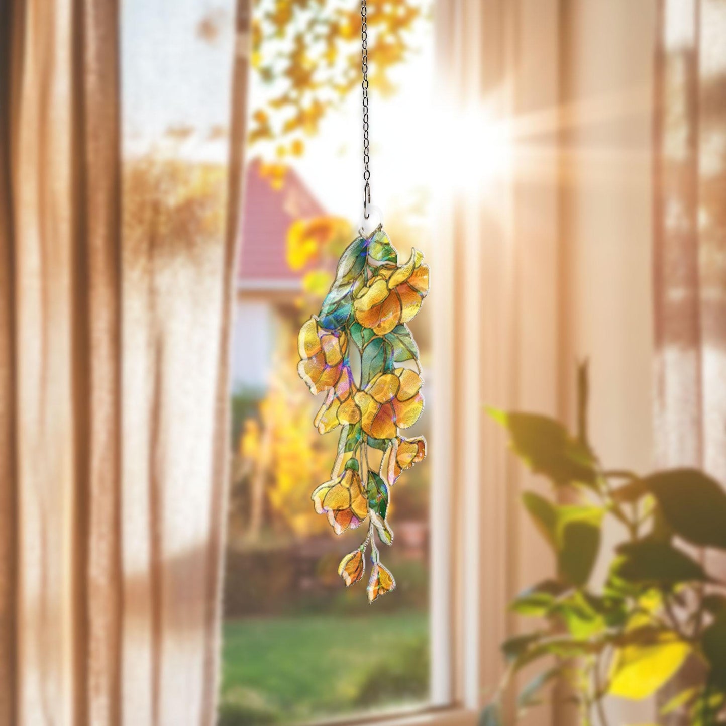 Yellow Floral Acrylic Suncatcher, Hanging Flower Window Decor, Stained Glass Style Sun Catcher, Botanical Home Decor Gift