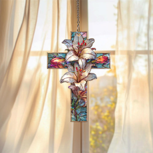 Lily Cross Acrylic Suncatcher, Christian Window Hanging, Floral Stained Glass Style Sun Catcher, Religious Home Decor Gift