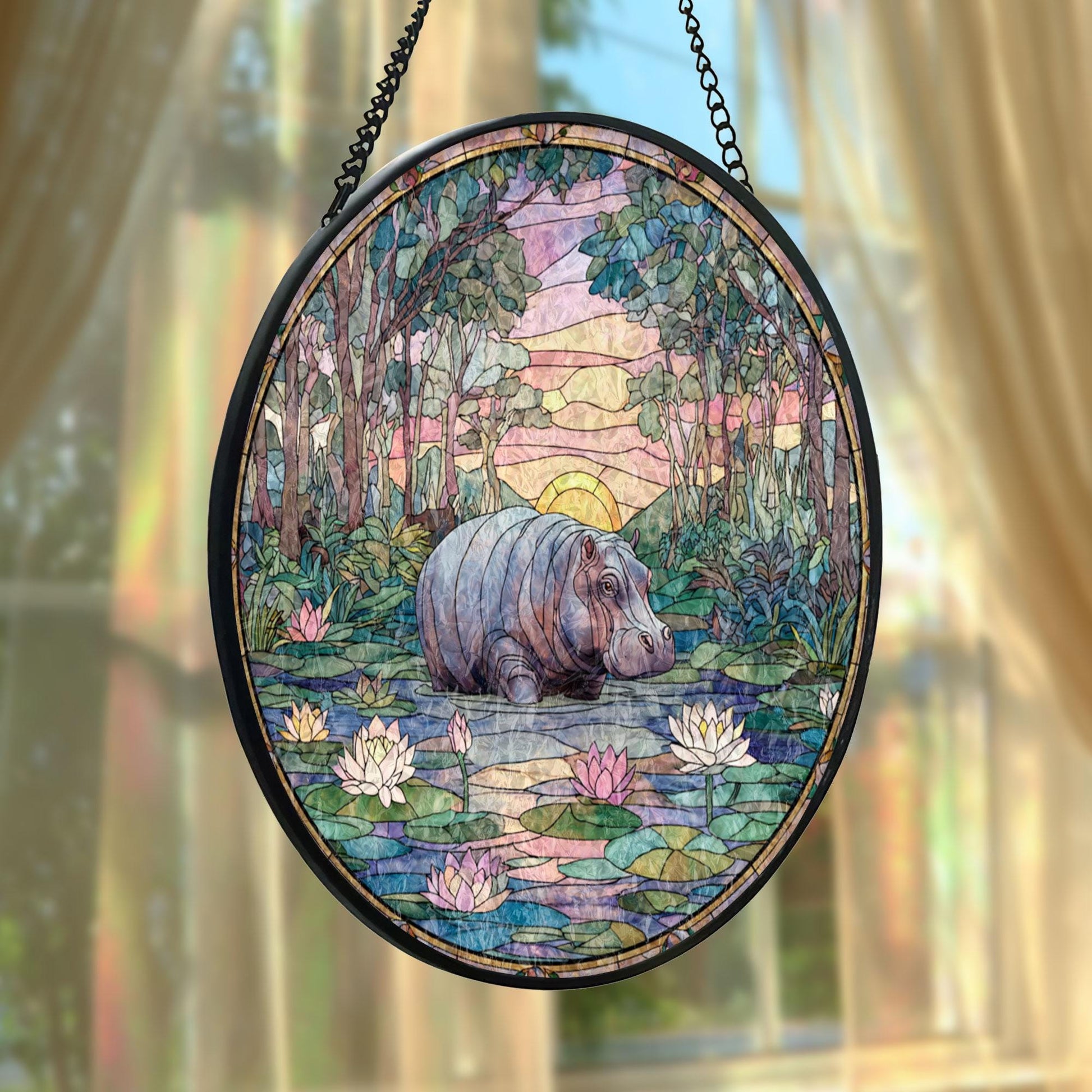 Hippo Pond Stained Glass Suncatcher, Wildlife Window Hanging, Lotus Sunset Landscape Art, Nature Home Decor, Unique Gift