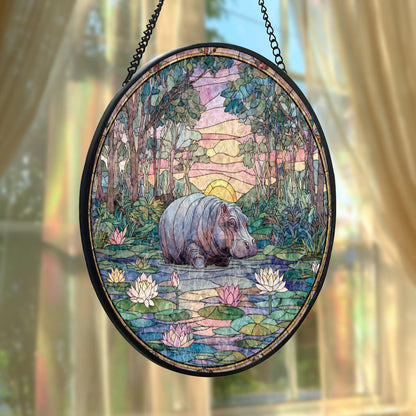 Hippo Pond Stained Glass Suncatcher, Wildlife Window Hanging, Lotus Sunset Landscape Art, Nature Home Decor, Unique Gift