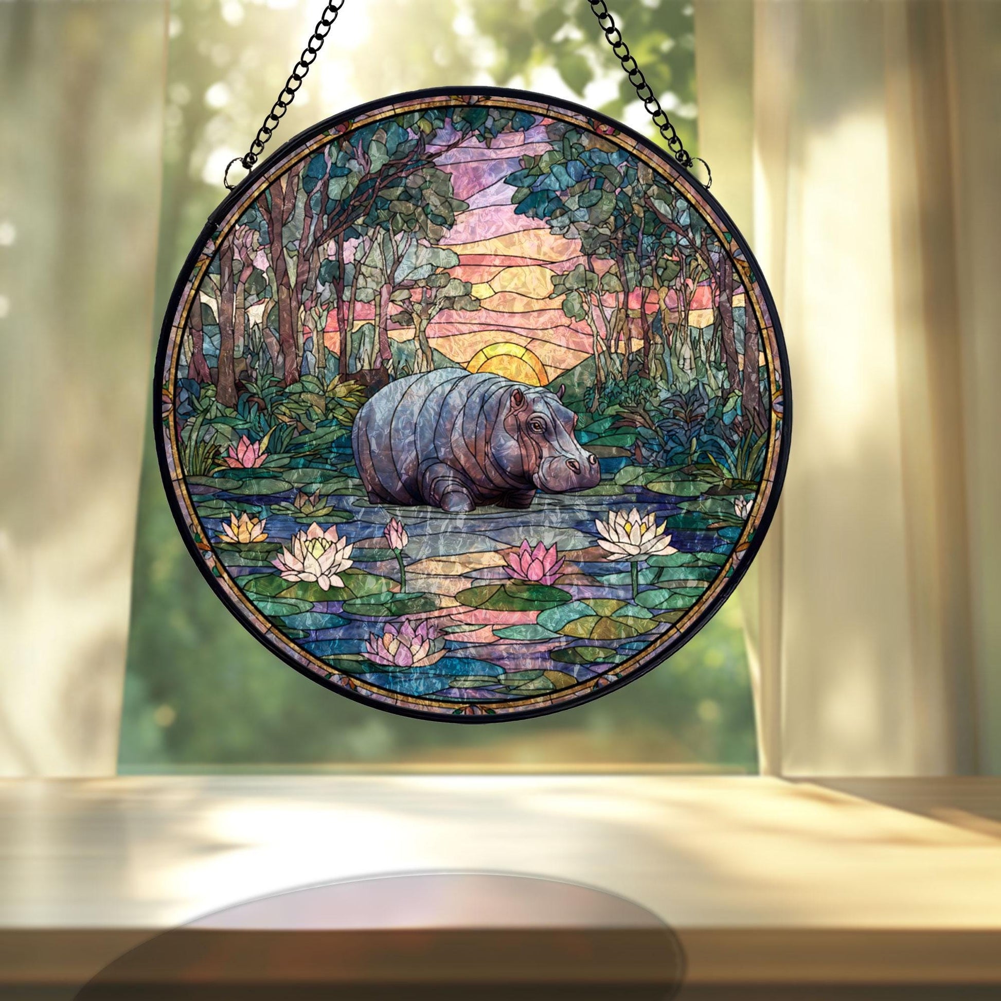 Hippo Pond Stained Glass Suncatcher, Wildlife Window Hanging, Lotus Sunset Landscape Art, Nature Home Decor, Unique Gift