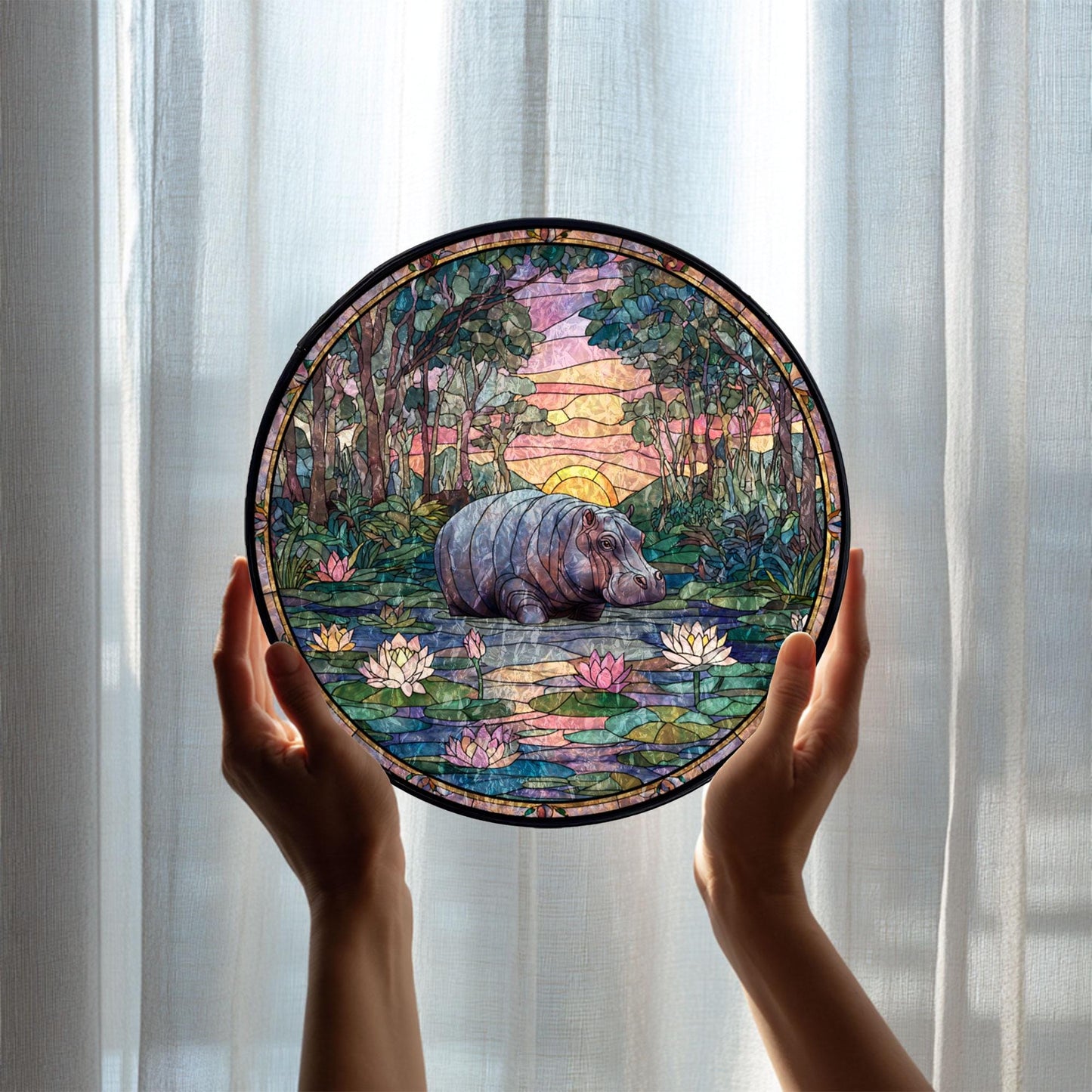 Hippo Pond Stained Glass Suncatcher, Wildlife Window Hanging, Lotus Sunset Landscape Art, Nature Home Decor, Unique Gift