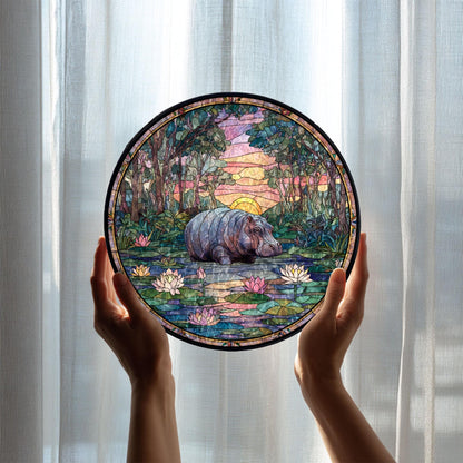 Hippo Pond Stained Glass Suncatcher, Wildlife Window Hanging, Lotus Sunset Landscape Art, Nature Home Decor, Unique Gift